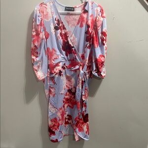 Floral Wrap Midi Dress in Red and Pink